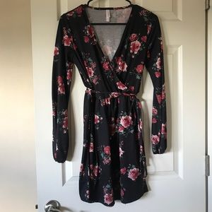 Black floral faux wrap long sleeve dress